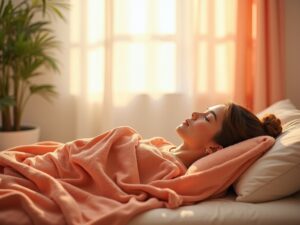 peaceful corner of a sunlit room, warm terracotta throw blanket, clean white light, quiet moment of rest
