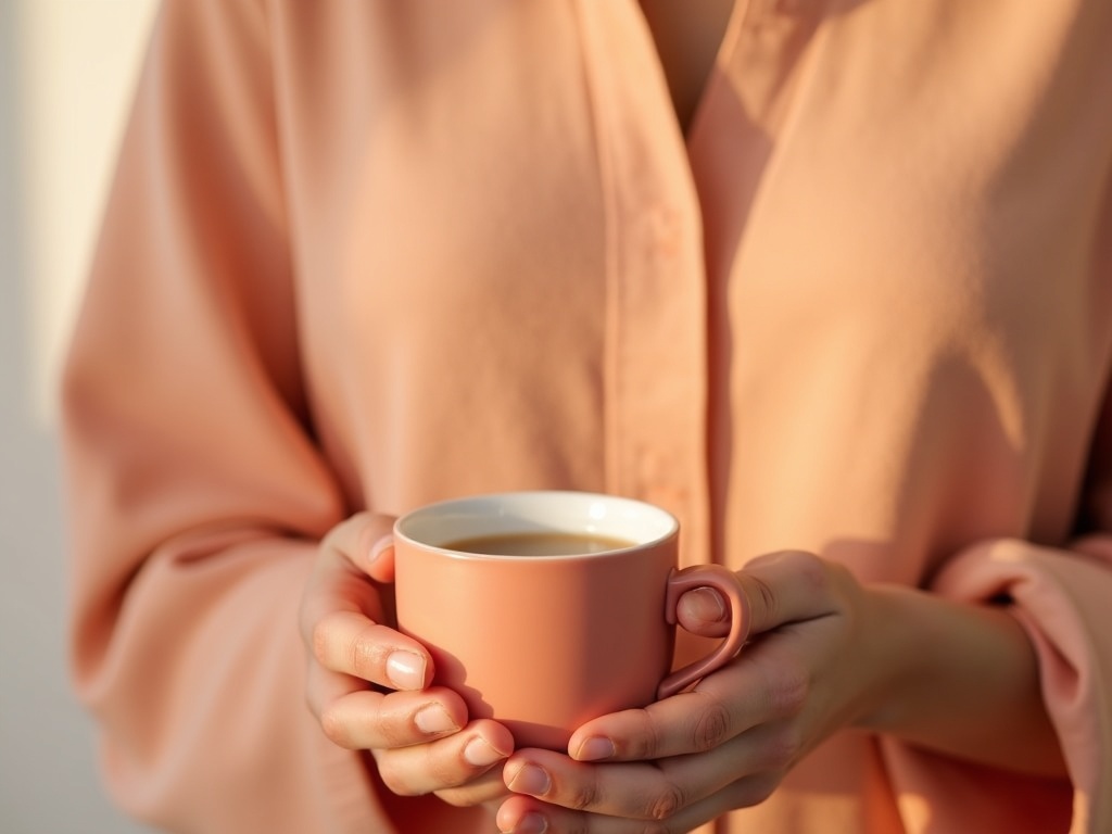 gentle hands holding a warm cup, soft salmon pink morning light, peaceful self-care moment