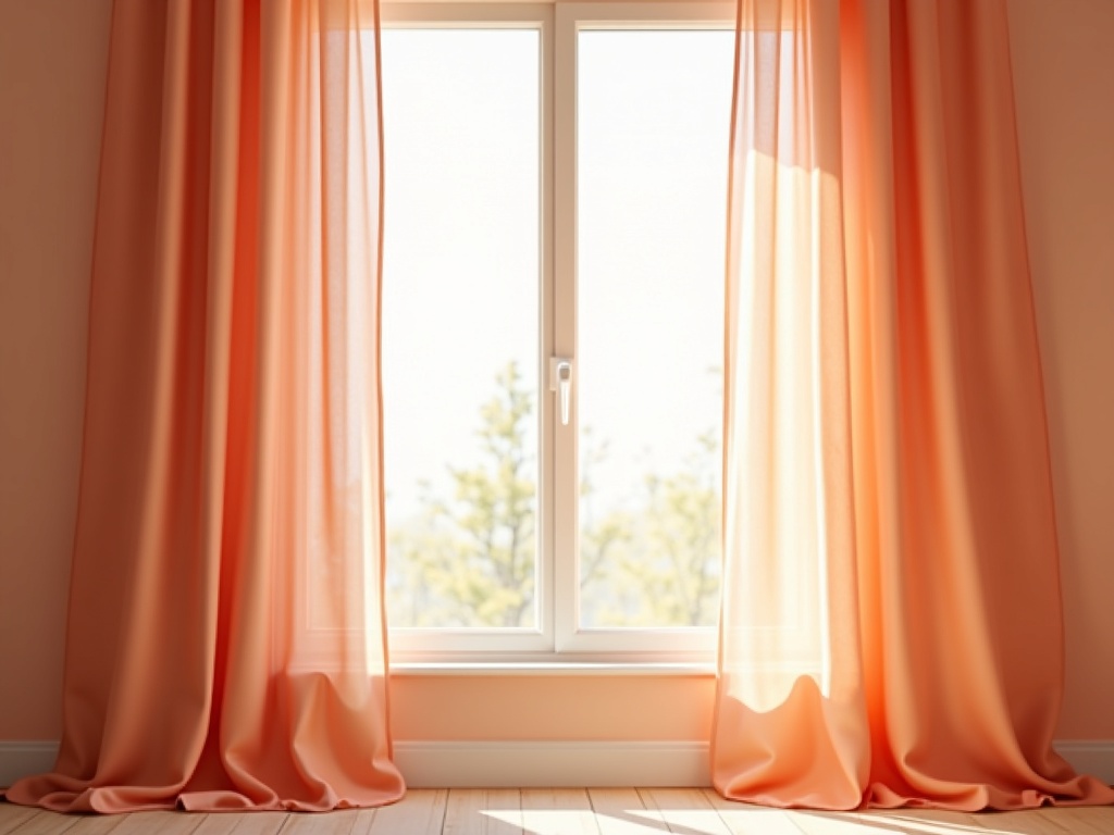 open window with soft curtains moving in breeze, warm terracotta accents, clean airy space
