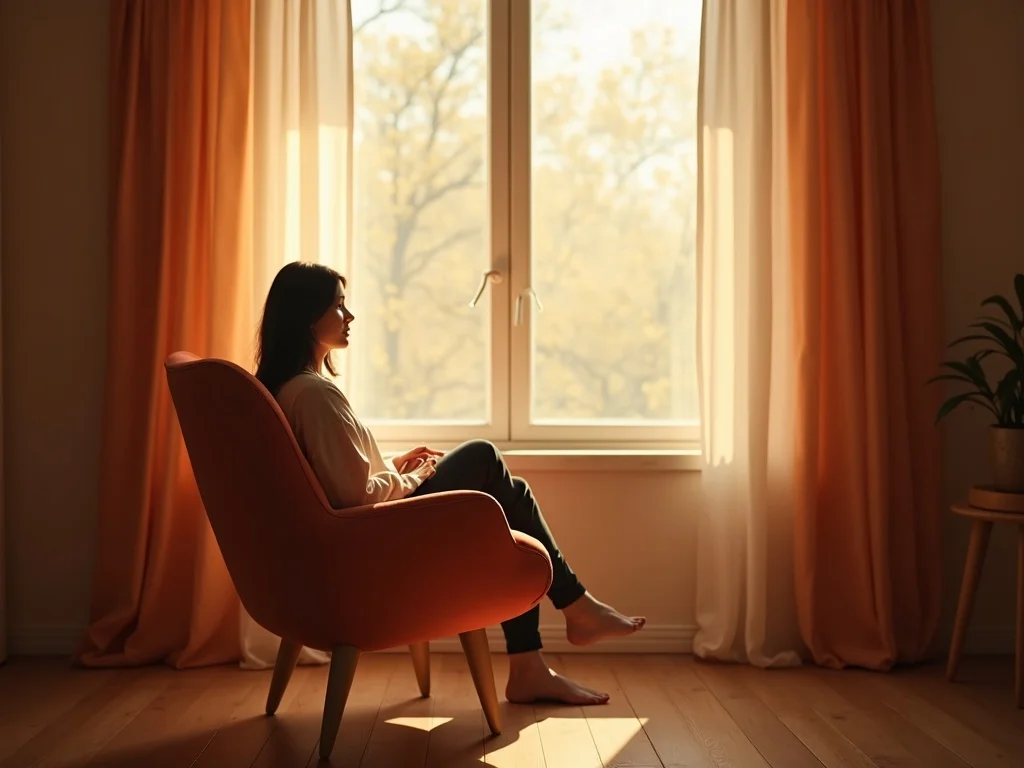 A person sitting in a comfortable chair by a window, warm terracotta tones, soft