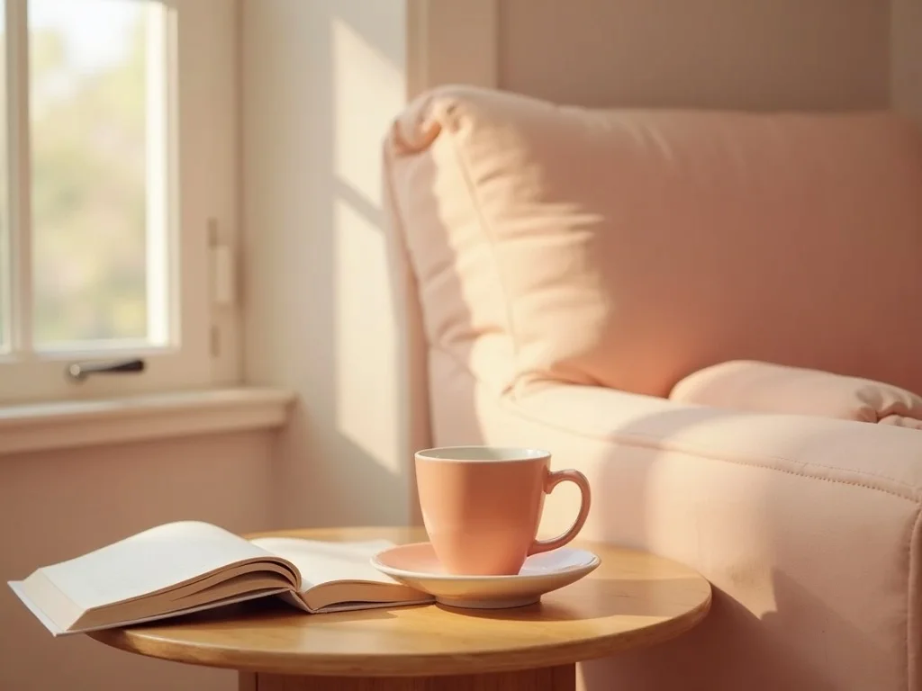 A cup of tea and a book on a wooden side table, warm salmon pink and white tones